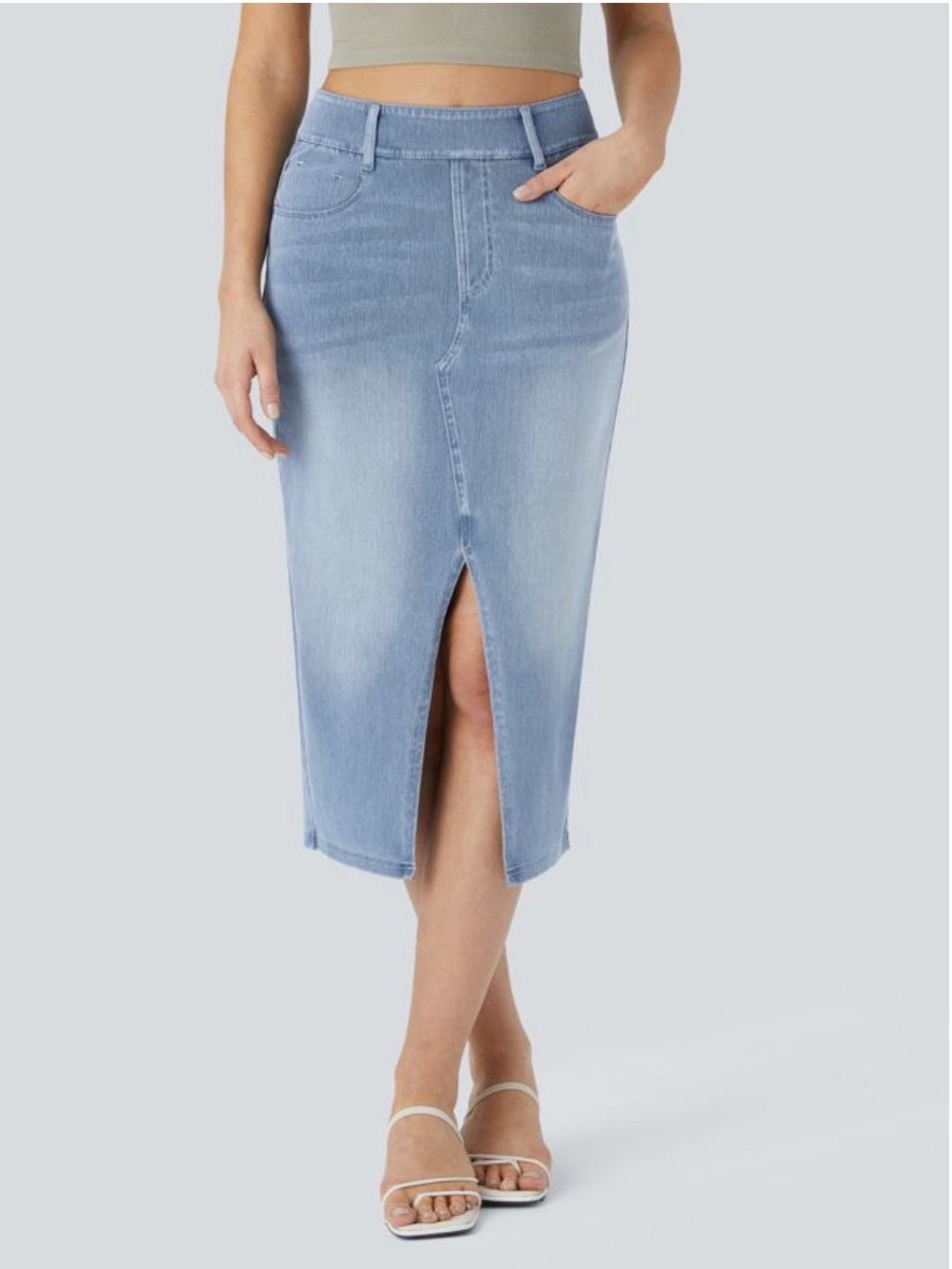 Halara Flex High Waisted Pockets Bodycon Washed Denim Casual Midi Skirt NWOT - Picture 2 of 6